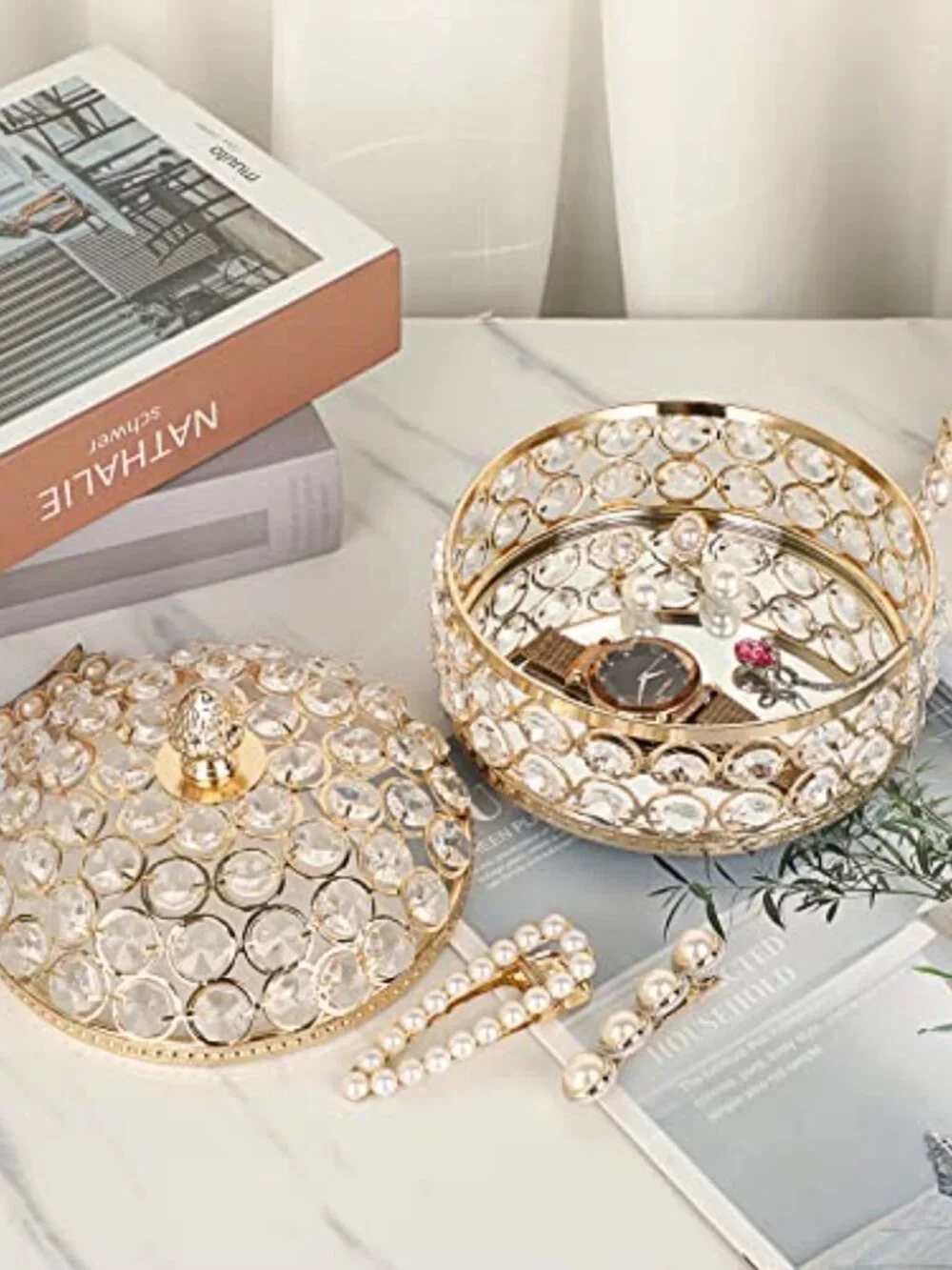 Gold Crystal Jewelry Box with Lid Luxury Trinket Organizer, X-Large | Mirrored T